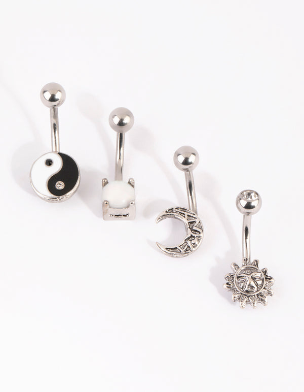 Rhodium Surgical Steel Yin & Yang Belly Bar 4-Pack