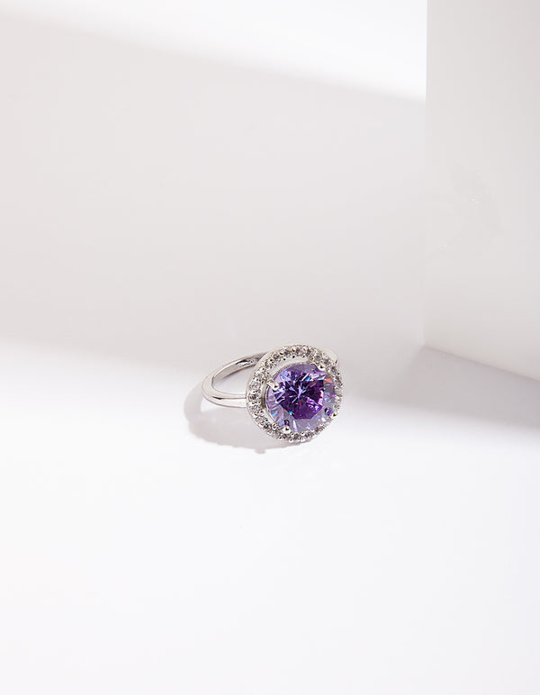 Rhodium Purple Cubic Zirconia Diamante Ring