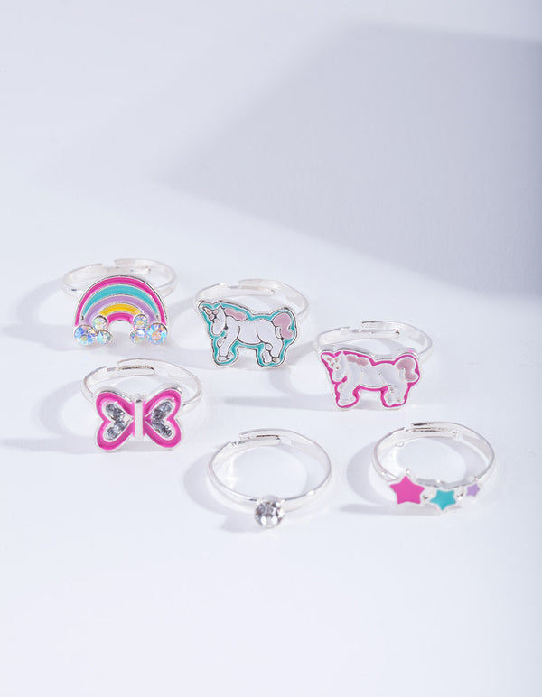 Kids Silver Unicorn Enamel Ring 6-Pack