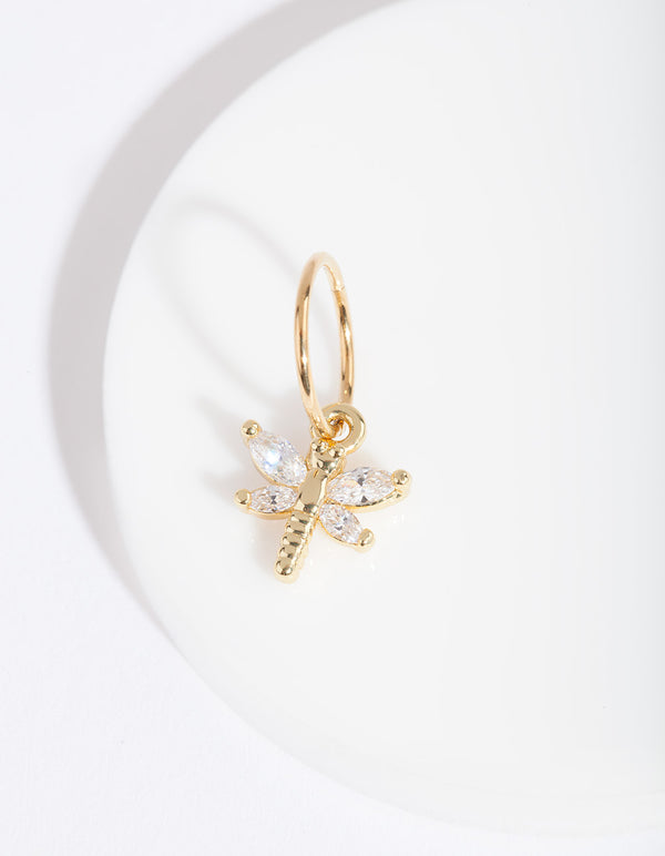 Gold Surgical Steel Cubic Zirconia Dragonfly Clicker Earring