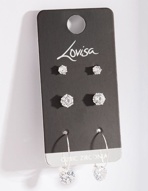 Silver Cubic Zirconia Stud & Hoop Diamante Earring Pack