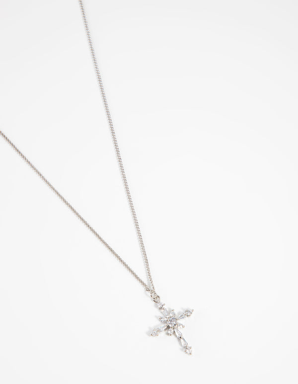 Rhodium Decorated Cross Pendant Necklace
