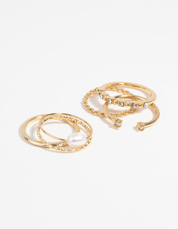 Gold Plated Ring Stack Pack with Freshwater Pearls