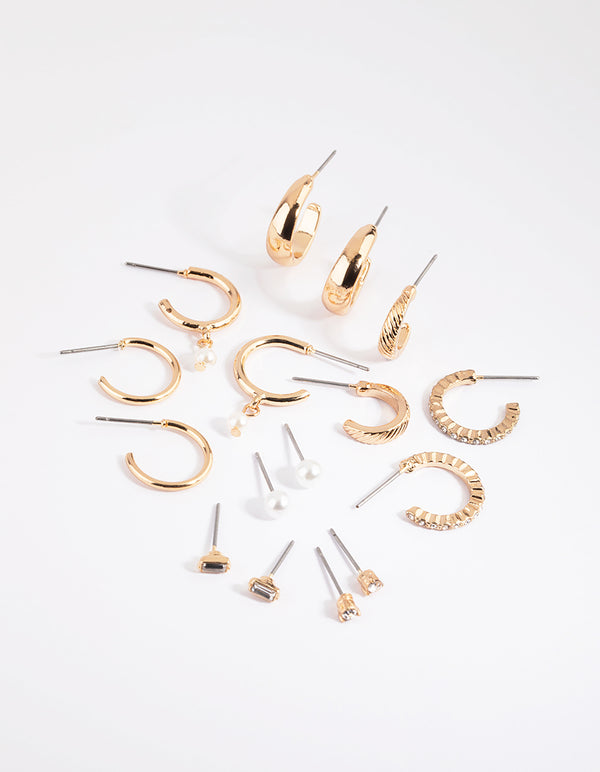 Gold Pearl Stud & Hoop Earring 8-Pack