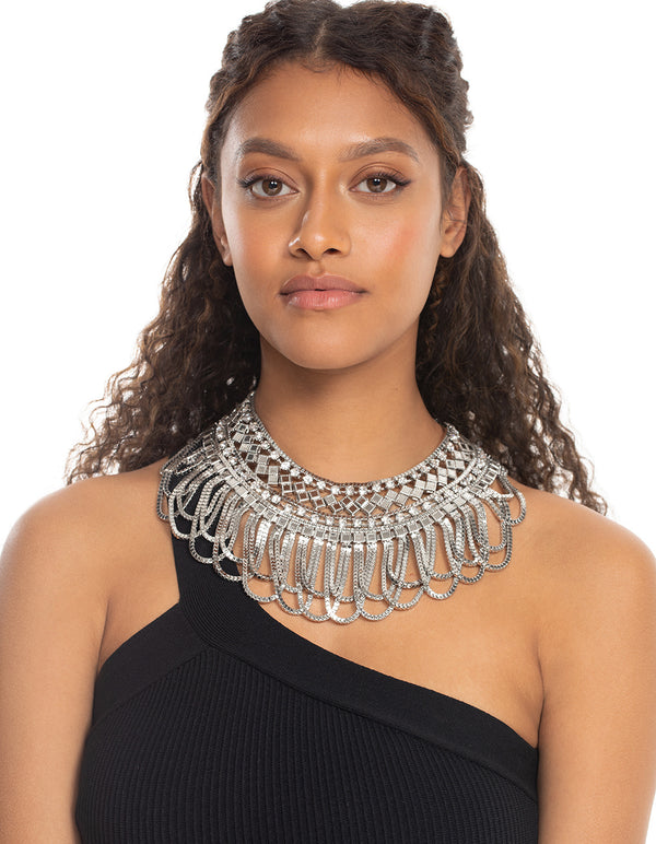 Rhodium Diamante Aztec Drape Collar Necklace