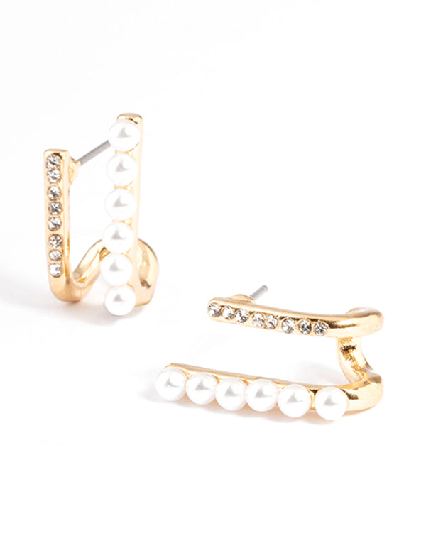 Gold Pearl & Diamante Huggie Earrings