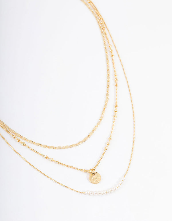 Gold Plated Fine Three Layer Bead Disc Necklace