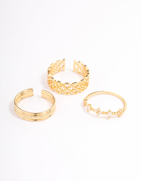 Gold Plated Cubic Zirconia Ornate Stacker Ring Pack