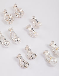 Silver Pearl & Diamante Ball Clip On Earrings 5-Pack - link has visual effect only