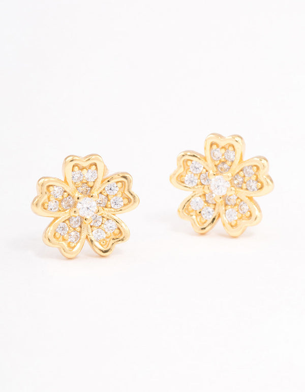 Gold Plated Sterling Silver Cubic Zirconia Flower Stud Earrings