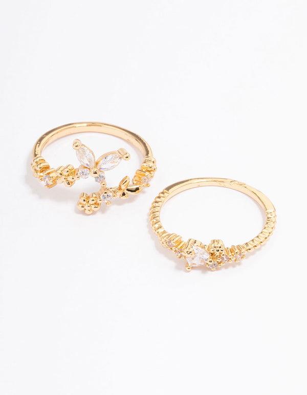 Gold Plated Floral Stone Ring Pack