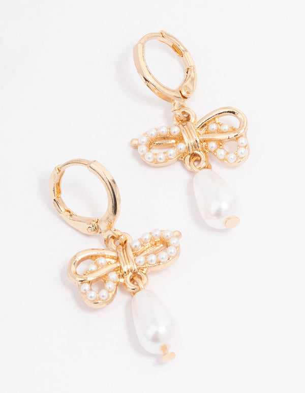 Gold Pearl Bow Drop Huggie Earrings