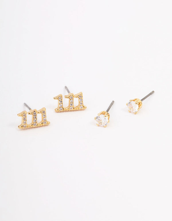 Gold Plated Cubic Zirconia Angel Number 111 Stud Earring Pack