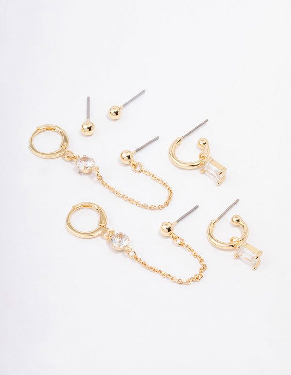 Gold Plated Baguette Hoop Chain Earring 4-Pack