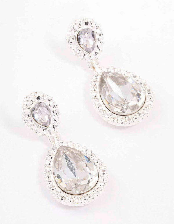 Silver Double Pear Stone Drop Earrings