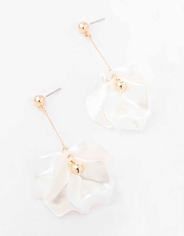Gold & White Pearlised Petal Drop Earrings