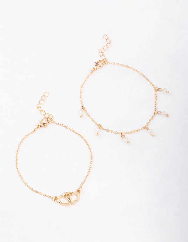 Gold Diamante Bead Link Heart Bracelet Pack