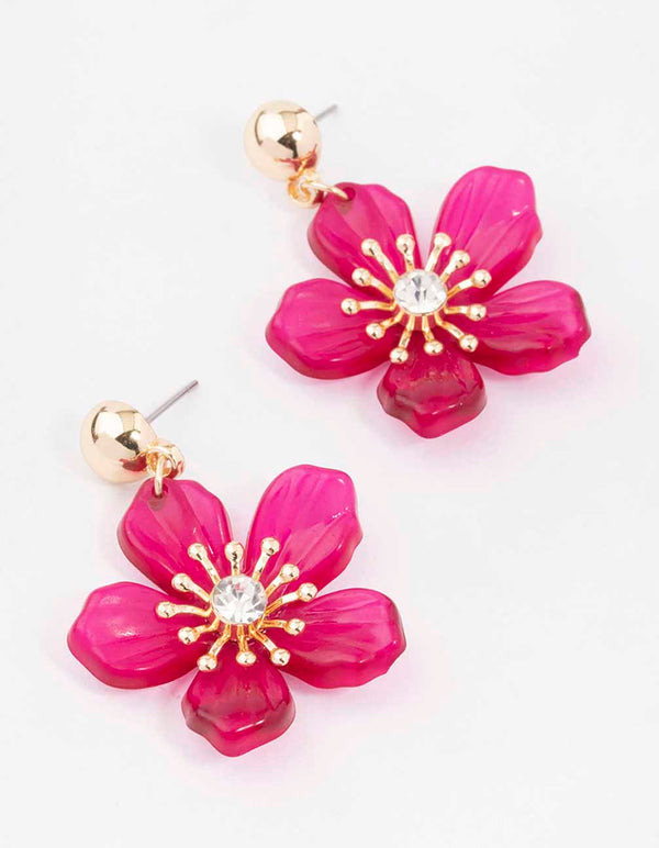 Pink Diamante Stippled Flower Drop Earrings