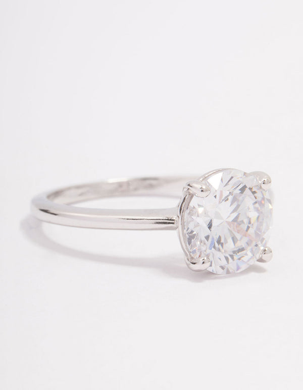 Platinum Sterling Silver Solitaire Cubic Zirconia Crystal Ring