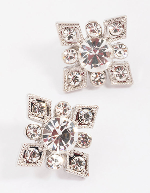 Rhodium Diamante Square Stud Earrings