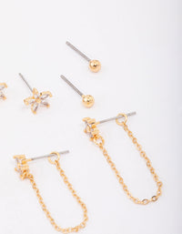 Gold Plated Heart & Flower Chain Earring 4-Pack - link has visual effect only