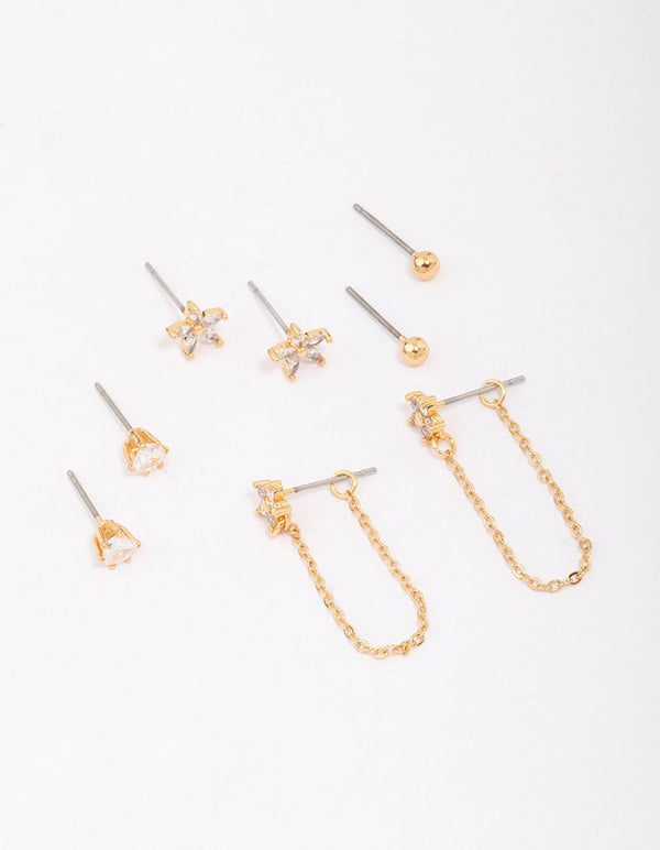 Gold Plated Heart & Flower Chain Earring 4-Pack