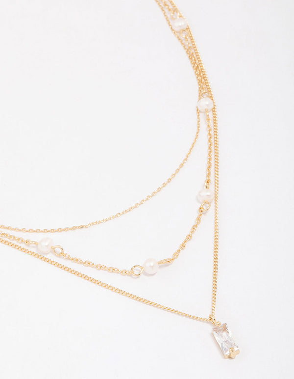 Gold Plated Trio Pearl Baguette Layered Necklace