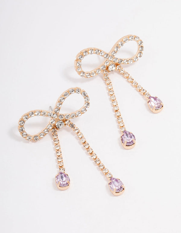 Gold Bow Teardrop Lilac Stone Drop Earrings