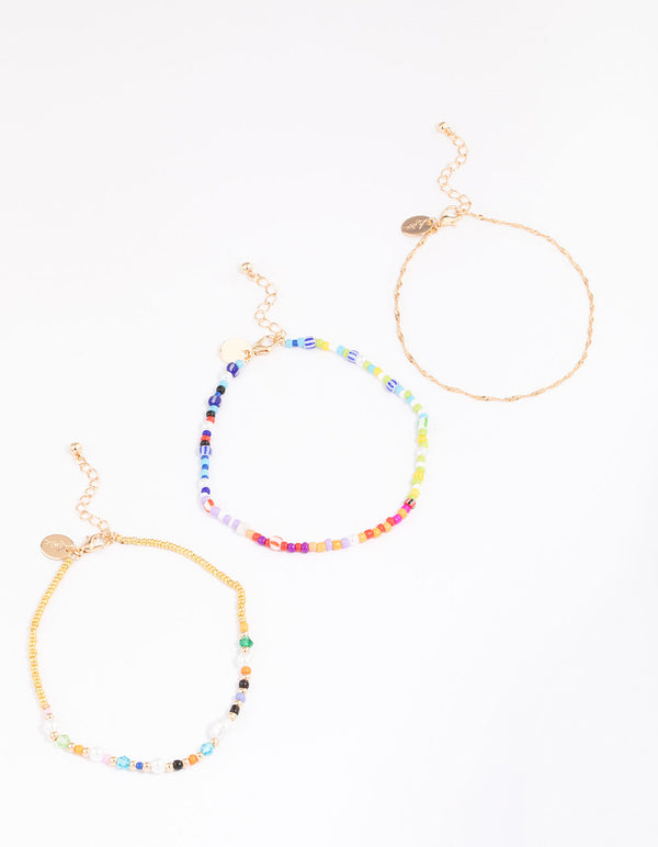 Gold Mixed Beaded & Pearl Anklet 3-Pack