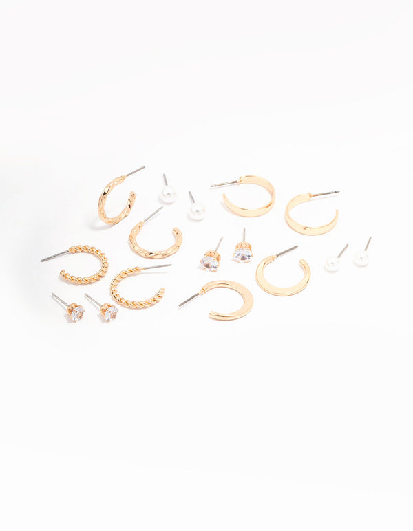 Gold Pearl Diamante Mixed Hoop & Stud Earring 8-Pack