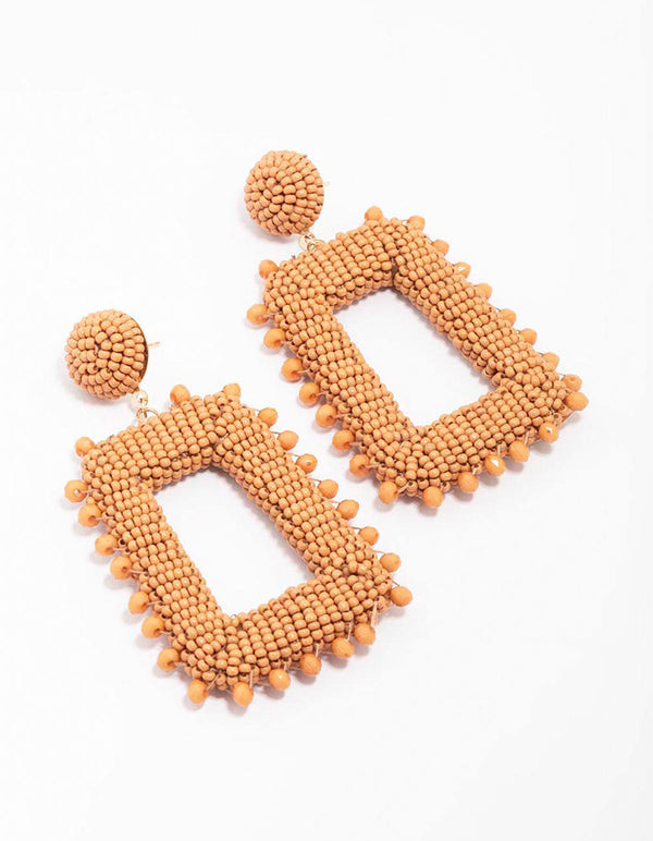 Orange Beaded Rectangular Drop Earrings
