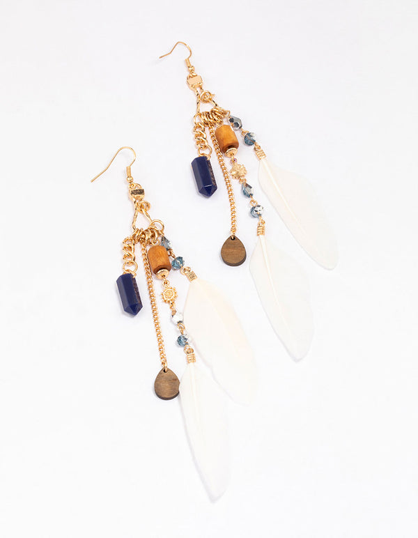 Gold Beaded Feather Chain Drop Earrings