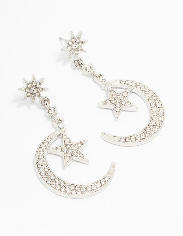 Silver Diamante Moon & Star Celestial Drop Earrings