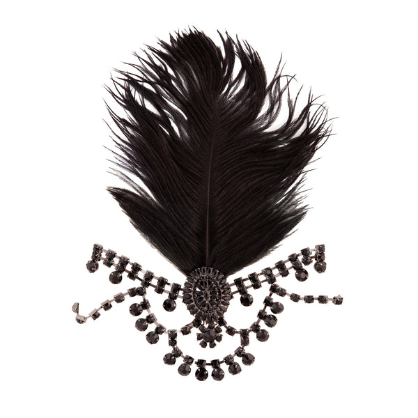 Black 1920's Gatsby Statement Feather & Jewel Headband