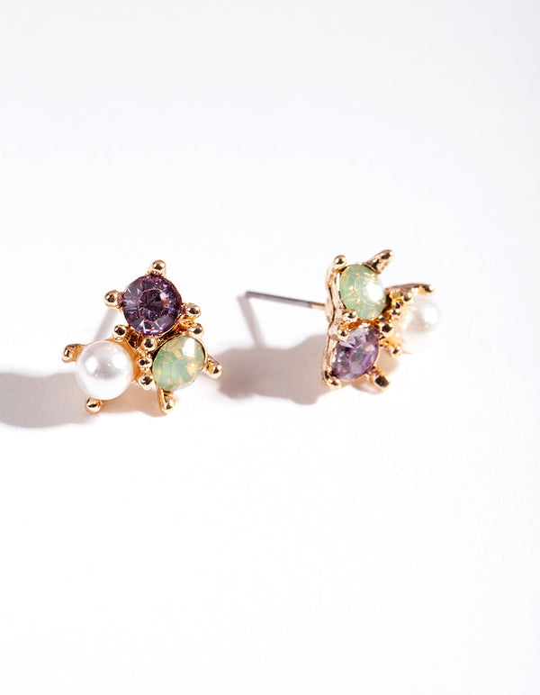 Gold Multi Stone Cluster Pearl Earrings