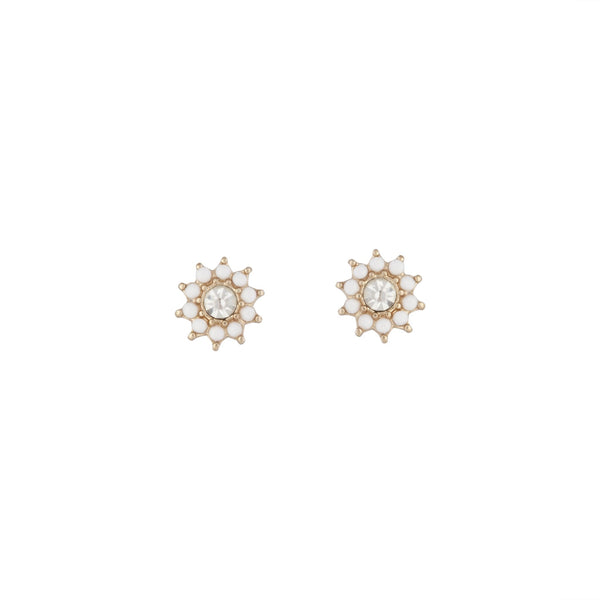 Gold White Flower Diamante Stud Earrings