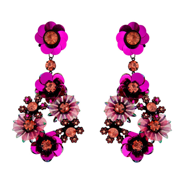 Purple Gunmetal Sequin Flower Statement Earrings