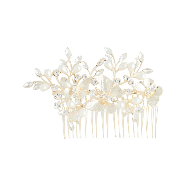 Gold Butterfly Diamante Pearl Comb