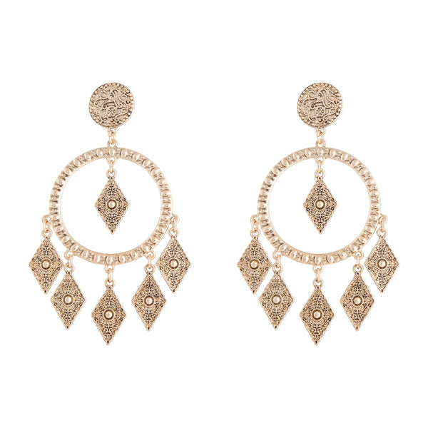Antique Gold Textured Diamante Circle Earrings