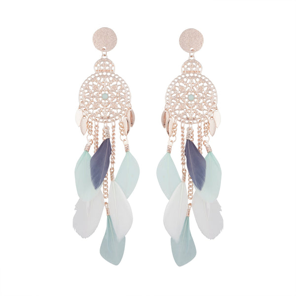Mint White Rose Gold Filigree Cascade Feather Earrings