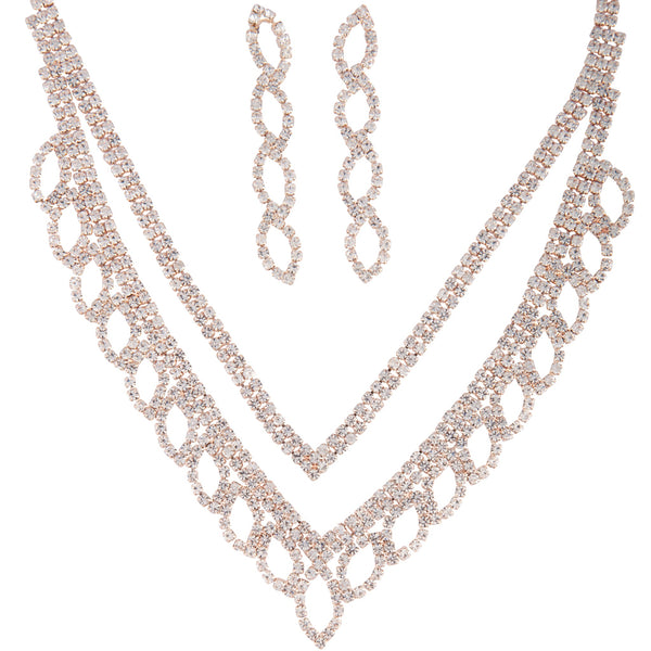 Rose Gold Diamante Earrings Necklace Leaf Set