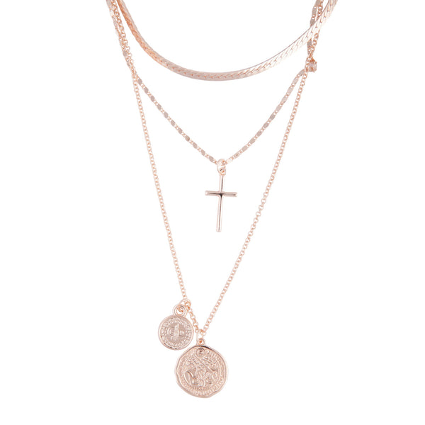 Rose Gold Cross Coin Layered Necklace