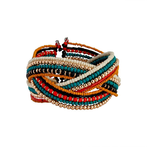 Gold Blue Red Bead Plaited Cuff