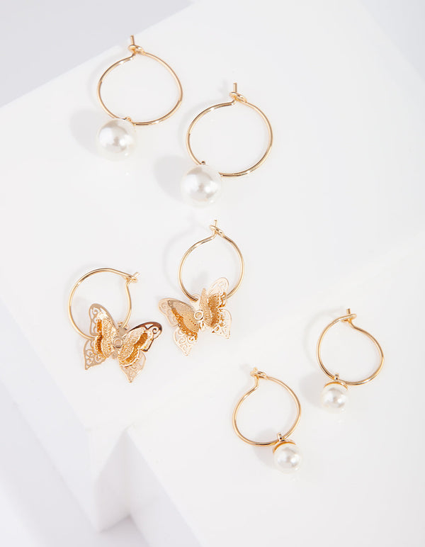 Gold Butterfly Pearl Sleeper Earring Pack