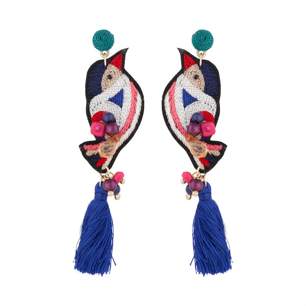 Embroidered Bird Tassel Earrings