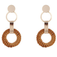 Gold Brown Raffia Circle Link Earrings - link has visual effect only