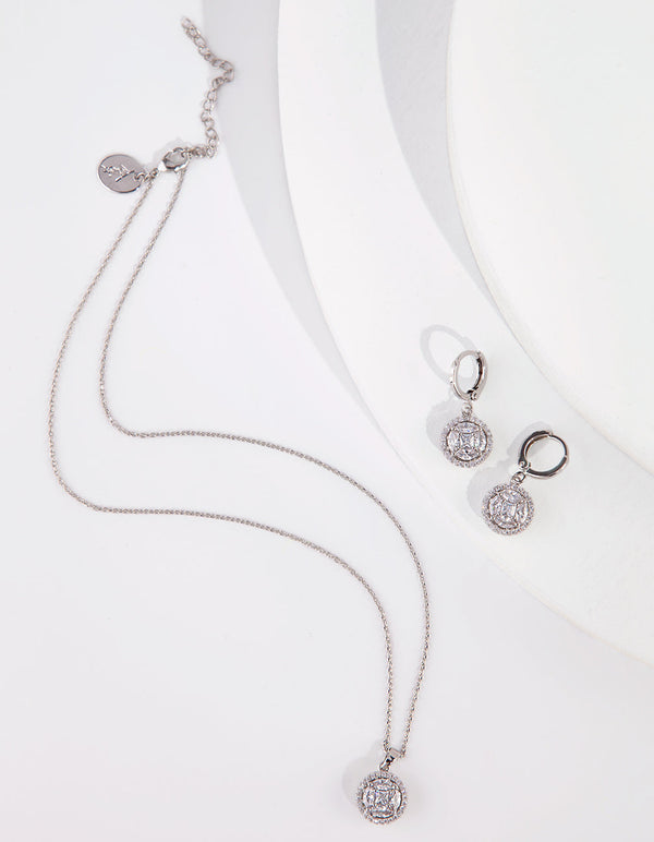 Rhodium Diamond Simulant Necklace Earrings Set