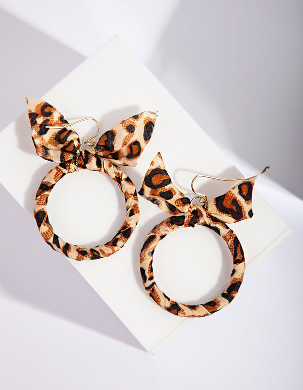 Brown Animal Print Fabric Circle Earrings