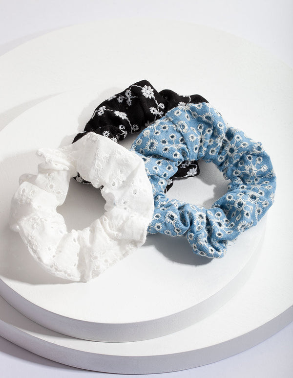 Floral Black Blue White Scrunchie Pack