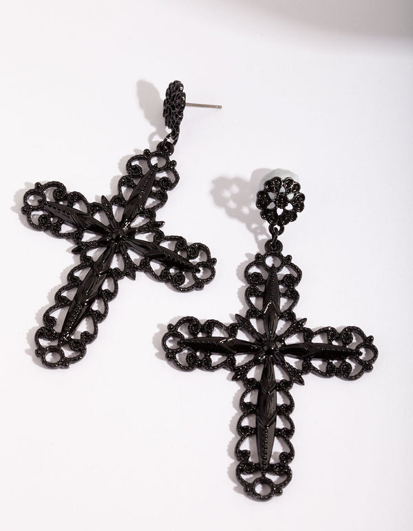 Black Filigree Cross Earrings